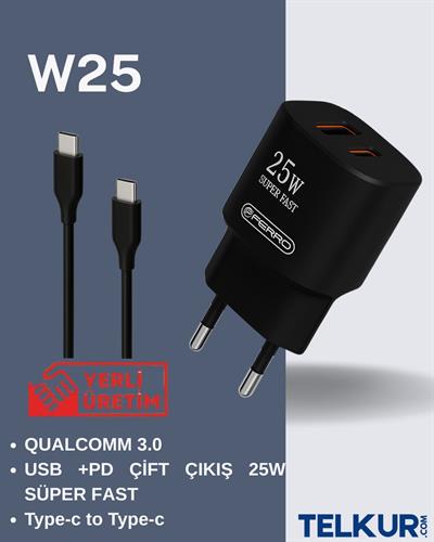 FERRO W25 Qualcom Usb & Pd Çift Çıkışlı  Süper Hızlı Şarj 3.0 Amper
