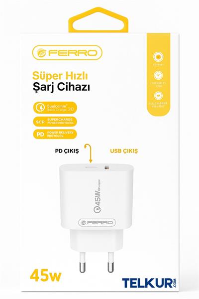 FERRO W45 Qualcom 3.0 USB+PD 45W Supet Hızlı Şarj Başlık