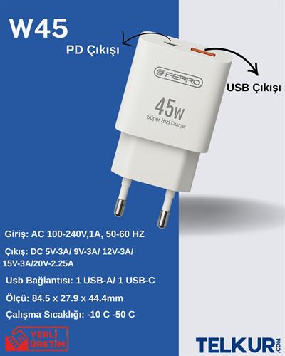 FERRO W45 Qualcom 3.0 USB+PD 45W Supet Hızlı Şarj Başlık