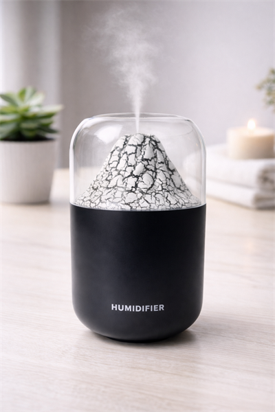 TELKUR Y10 Yanar Dağ Görünümlü LED Işıklı 300ML Hava Nemlendirici Oda Kokusu Siyah