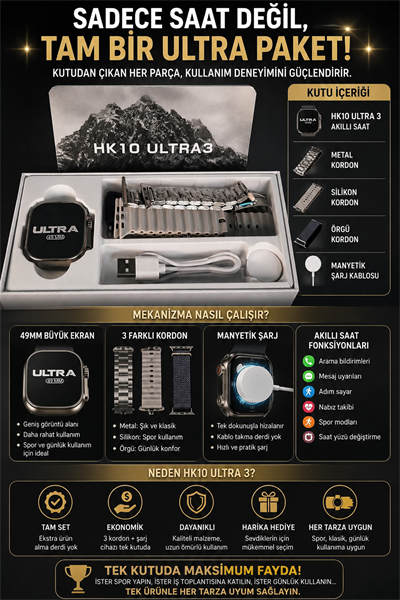 HK10 Ultra 3 49mm Akıllı Saat - Bluetooth Arama, 3 Kordon Hediyeli, Nabız Takibi ve Spor Modları
