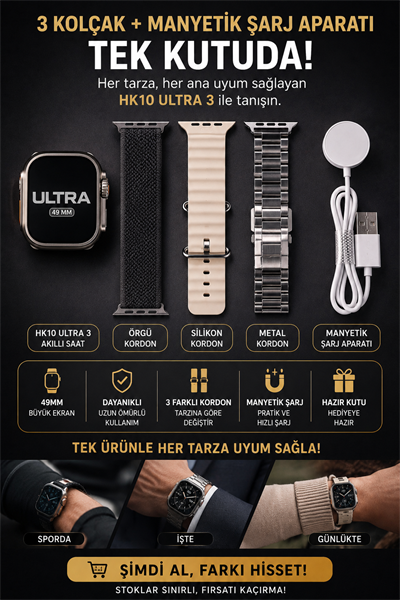 HK 10 ULTRA  3 Akıllı Saat - Nabız Ölçer, Spor Modları, Bildirim, Uzun Batarya