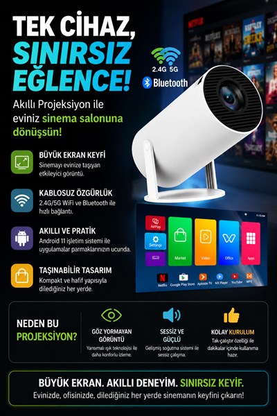 Taşınabilir Sinema Projektörü Ev Sineması Bluetooth Android 11 Akıllı Projeksiyon Wifi Beyaz (HY300 Pro )