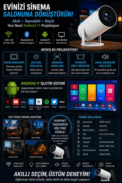 Taşınabilir Sinema Projektörü Ev Sineması Bluetooth Android 11 Akıllı Projeksiyon Wifi Beyaz (HY300 Pro )