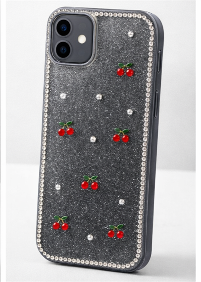 İPhone 11 Uyumlu Kelebek Figürlü Simli İnci Taşlı Lüx Silikon Kılıf Siyah