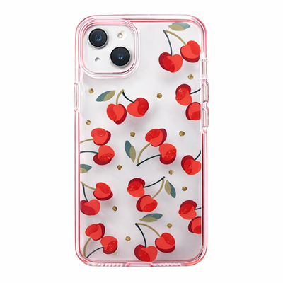 İPhone 13-14 Uyumlu Kiraz Desenli Taş Çerçeveli Sert Şeffaf Kılıf