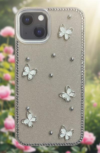 İPhone 13-14 Uyumlu Kelebek Figürlü Simli İnci Taşlı Lüx Silikon Kılıf Açık Kahve