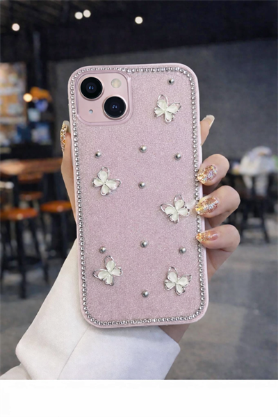 İPhone 13- 14 Uyumlu Kiraz Figürlü Simli İnci Taşlı Lüx Silikon Kılıf Pembe