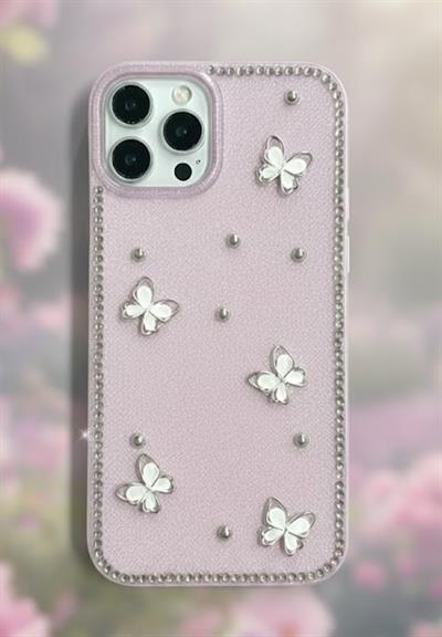 İPhone 13 Pro Max Uyumlu Kiraz Figürlü Simli İnci Taşlı Lüx Silikon Kılıf Pembe