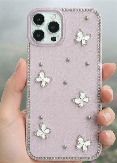 İPhone 13 Pro Max Uyumlu Kiraz Figürlü Simli İnci Taşlı Lüx Silikon Kılıf Pembe