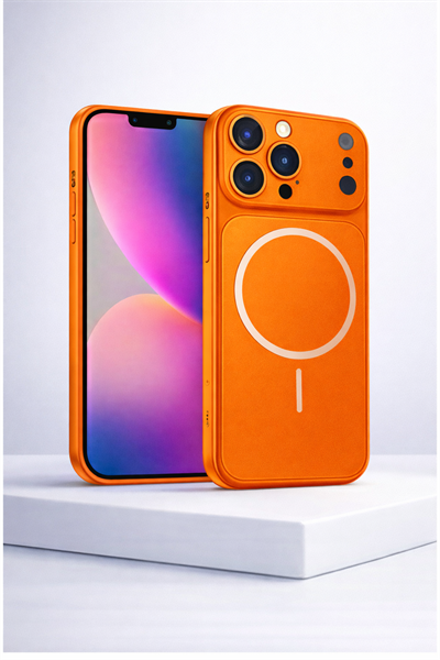 İPhone 13 Pro Uyumlu İPhone 17 Pro Görünümlü Magsafeli Kamera Kamera Lensli Kılıf Turuncu