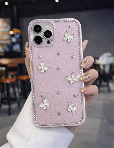 İPhone 13 Pro Uyumlu Kelebek Figürlü Simli İnci Taşlı Lüx Silikon Kılıf Pembe