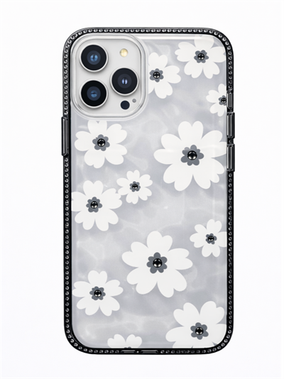 İPhone 14 Pro Max Uyumlu Papatya Desenli Taş Çerçeveli Sert Şeffaf Kılıf