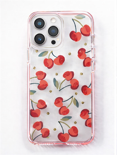 İPhone 14 Pro Max Uyumlu Kiraz Desenli Taş Çerçeveli Sert Şeffaf Kılıf