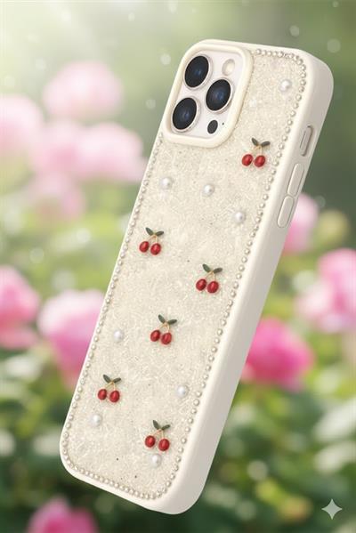 İPhone 14 Pro Uyumlu Kiraz Figürlü Simli İnci Taşlı Lüx Silikon Kılıf Krem