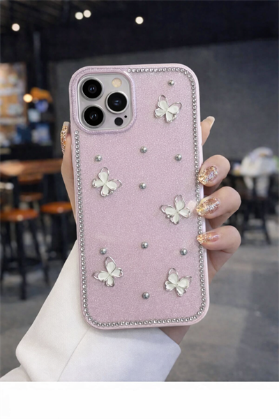 İPhone 15 Pro Uyumlu Kelebek Figürlü Simli İnci Taşlı Lüx Silikon Kılıf Pembe