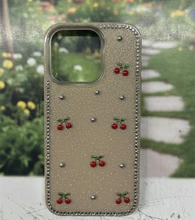 İPhone 16 Pro Max Uyumlu Kiraz Figürlü Simli İnci Taşlı Lüx Silikon Kılıf Açık Kahve