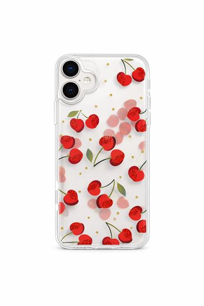 İPhone 16 Uyumlu Kiraz Desenli Taş Çerçeveli Sert Şeffaf Kılıf