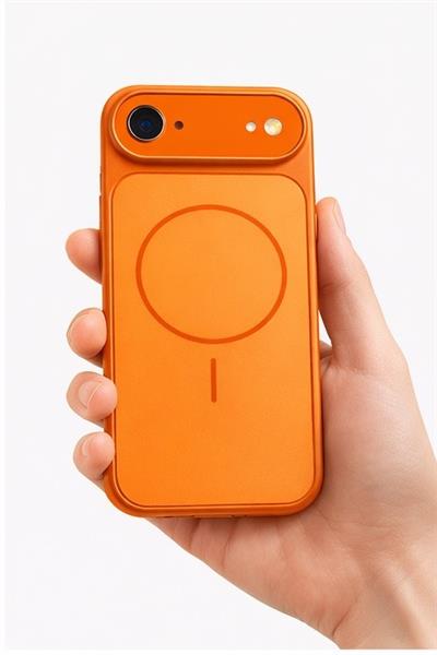 İPhone 17 Air Uyumlu İPhone 17 Pro Max Görünümlü Magsafeli Kamera Kamera Lensli Kılıf Turuncu