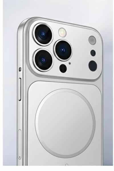 İPhone 17 Pro Max Uyumlu İPhone 17 Pro Max Görünümlü Magsafeli Kamera Kamera Lensli Kılıf Silver