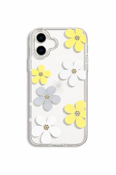 İPhone 17 Uyumlu Papatya Desenli Taş Çerçeveli Sert Şeffaf Kılıf