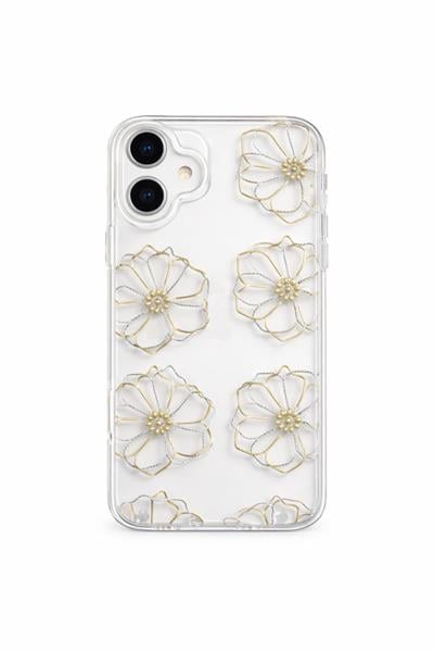 İPhone 17 Uyumlu Papatya Desenli Taş Çerçeveli Sert Şeffaf Kılıf