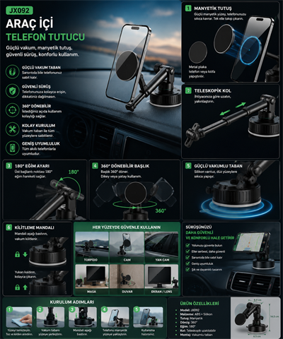 JX092 UltraGrip Pro 360° Manyetik Vakumlu Telefon Standı | Araç, Masa, Cam ve Duvar Uyumlu