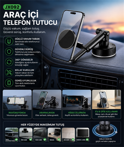 JX092 UltraGrip Pro 360° Manyetik Vakumlu Telefon Standı | Araç, Masa, Cam ve Duvar Uyumlu