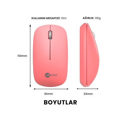 Lenovo Lecoo WS214 Sessiz Ergonomik Kablosuz Mouse – 2.4GHz Optik, USB Alıcılı, Hassas DPI, Ofis & Laptop Uyumlu (Pembe)