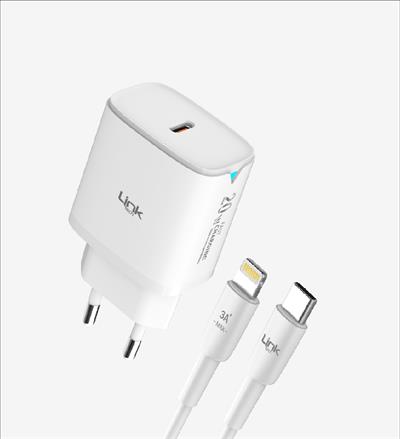 LinkTech C308 Safe Type-C Lightning Kablolu 20W Hızlı Şarj Adaptörü  Beyaz