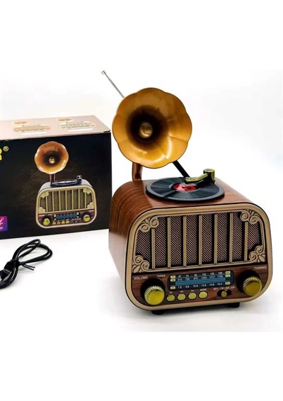 Nostaljik Gramofon Tasarımlı Bluetooth Hoparlör – 3 Bant Radyo, USB/TF Kart, AUX, Type-C | Retro Şıklık + Modern Ses Deneyimi (KAHVERENGİ)