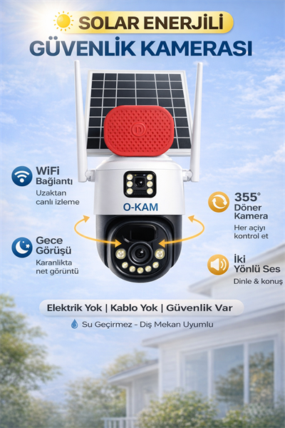 O-KAM 7015 WİFİ Solar 10X OPTİK ZOOM Çift Lens Sirenli 6MP Gece Görüşlü Güvenlik Kamerası