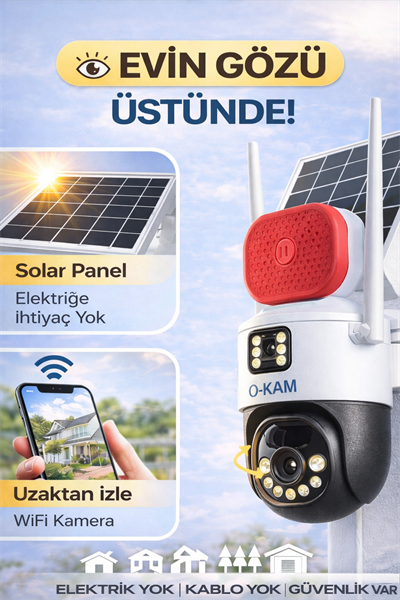 O-KAM 7015 WİFİ Solar 10X OPTİK ZOOM Çift Lens Sirenli 6MP Gece Görüşlü Güvenlik Kamerası