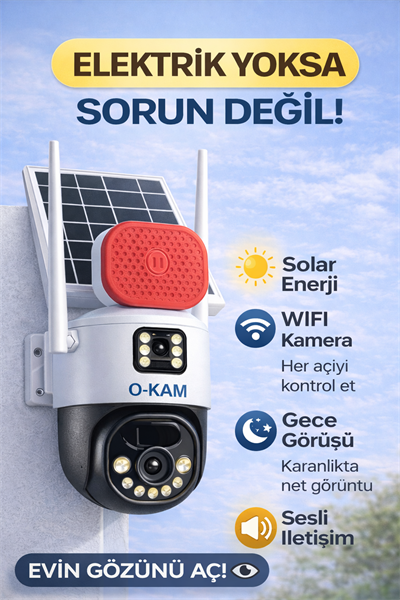 O-KAM 7015 WİFİ Solar 10X OPTİK ZOOM Çift Lens Sirenli 6MP Gece Görüşlü Güvenlik Kamerası