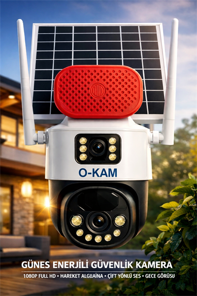 O-KAM 7015 WİFİ Solar 10X OPTİK ZOOM Çift Lens Sirenli 6MP Gece Görüşlü Güvenlik Kamerası