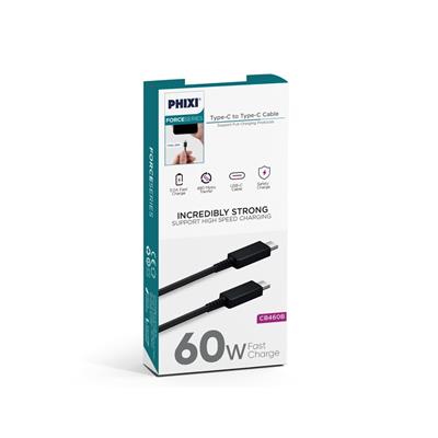 Phixi CB460B Type-C to Type-C 60W Şarj ve Data Kablosu – Hızlı Şarj Siyah