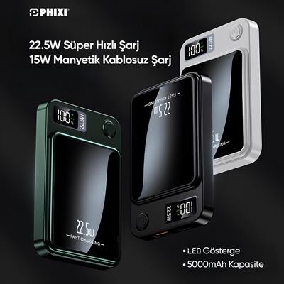 Phixi Force PW5 5000mAh 22.5W MagSafe Powerbank - Kablosuz Mini Şarj Cihazı - 1 USB 1 PD Port - Dijital Ekran - Taşınabilir Şarj Cihazı