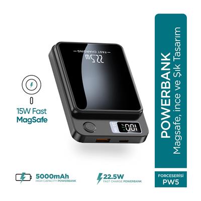 Phixi Force PW5 5000mAh 22.5W MagSafe Powerbank - Kablosuz Mini Şarj Cihazı - 1 USB 1 PD Port - Dijital Ekran - Taşınabilir Şarj Cihazı