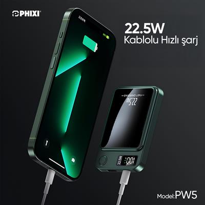 Phixi Force PW5 5000mAh 22.5W MagSafe Powerbank - Kablosuz Mini Şarj Cihazı - 1 USB 1 PD Port - Dijital Ekran - Taşınabilir Şarj Cihazı