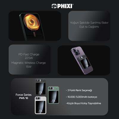 Phixi Force PW5 5000mAh 22.5W MagSafe Powerbank - Kablosuz Mini Şarj Cihazı - 1 USB 1 PD Port - Dijital Ekran - Taşınabilir Şarj Cihazı