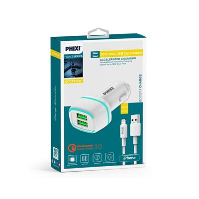 Phixi Force QCC571LW Çift Çıkışlı Fast Lightning USB Kablolu Araç Şarj Cihazı Beyaz 