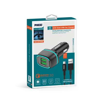 Phixi Force QCC571MB Çift Çıkışlı Fast Micro USB Kablolu Araç Şarj Cihazı Siyah 