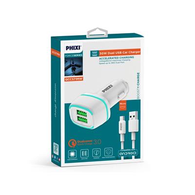 Phixi Force QCC571MW Çift Çıkışlı Fast Micro USB Kablolu Araç Şarj Cihazı Beyaz