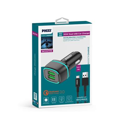 Phixi Force QCC571TB Çift Çıkışlı Fast Type-C USB Kablolu Araç Şarj Cihazı Siyah 