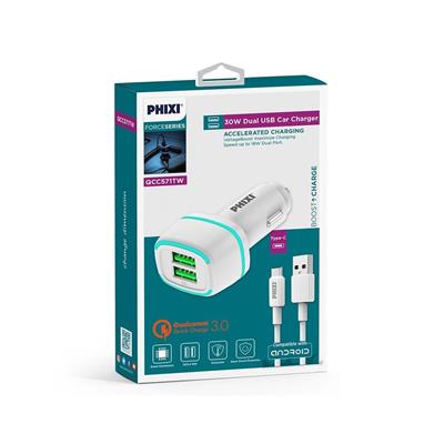 Phixi Force QCC571TW Çift Çıkışlı Fast  Type-C USB Kablolu Araç Şarj Cihazı Beyaz