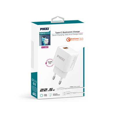 Phixi Force QCH243T Akım Korumalı 3.0A TYPE-C USB Kablolu Şarj Cihazı