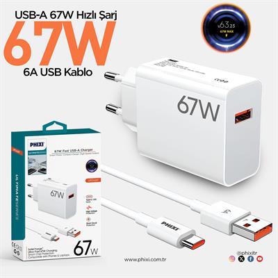 Phixi Ultimate Serisi UPD4267 67W Type-C Şarj Cihazı + USB-A Kablo – Fast Charge