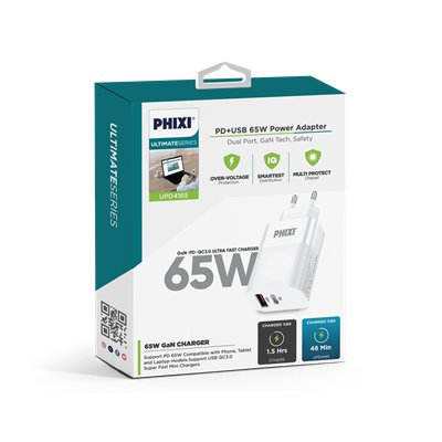 Phixi Ultimate UPD4165 65W PD Çift Çıkışlı Hızlı Şarj Adaptörü