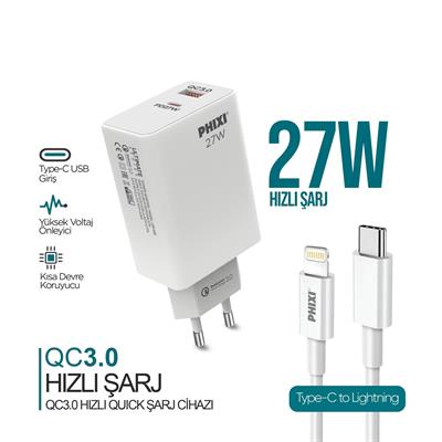 Phixi Ultimate UPD4225L 27W PD Çift Çıkışlı Lıghtnıng Hızlı Şarj Adaptörü