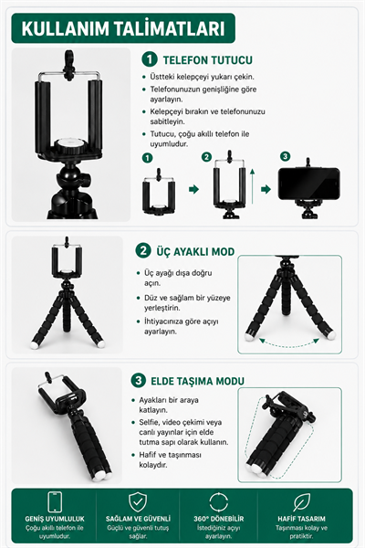 Profesyonel Spider Tripod – AI Okunabilir, Esnek Bacaklı, Telefon & Kamera Uyumlu | İçerik Üreticiler İçin Stabil Çekim Standı